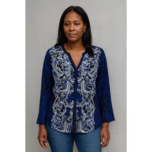 Women's Blue & White Ornate Print Blouse Lg Sleeve V-Neck Tunic  Button Up Top
